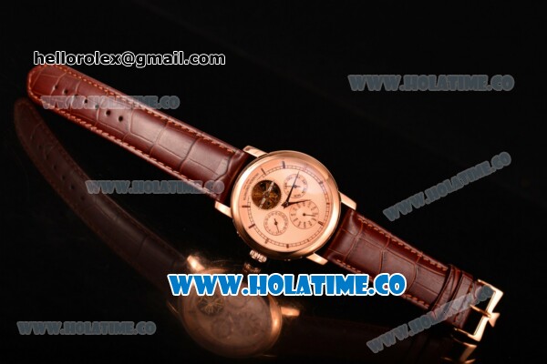 Vacheron Constantin Malte Tourbillon Asia Automatic Rose Gold Case with Pink Dial and Coffee Leather Strap - Stick Markers - Click Image to Close